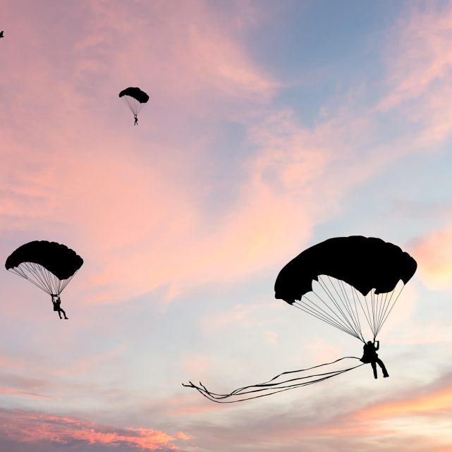 Silhouettes of multiple parachutes